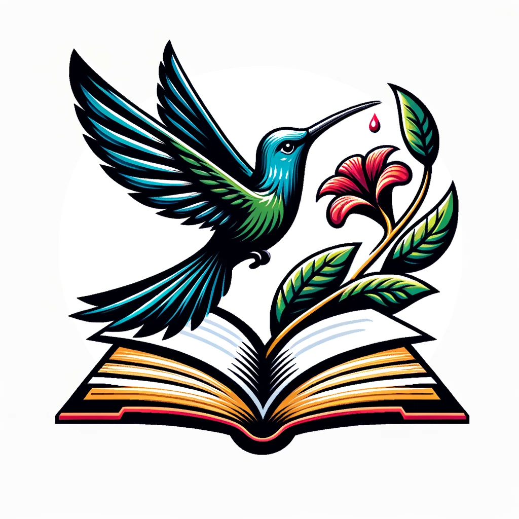 DALL·E 2023-12-02 10.01.39 - A Cuban hummingbird, known as a Zunzun, positioned in front of an open book. The hummingbird is beating its wings as if it were sipping nectar from a