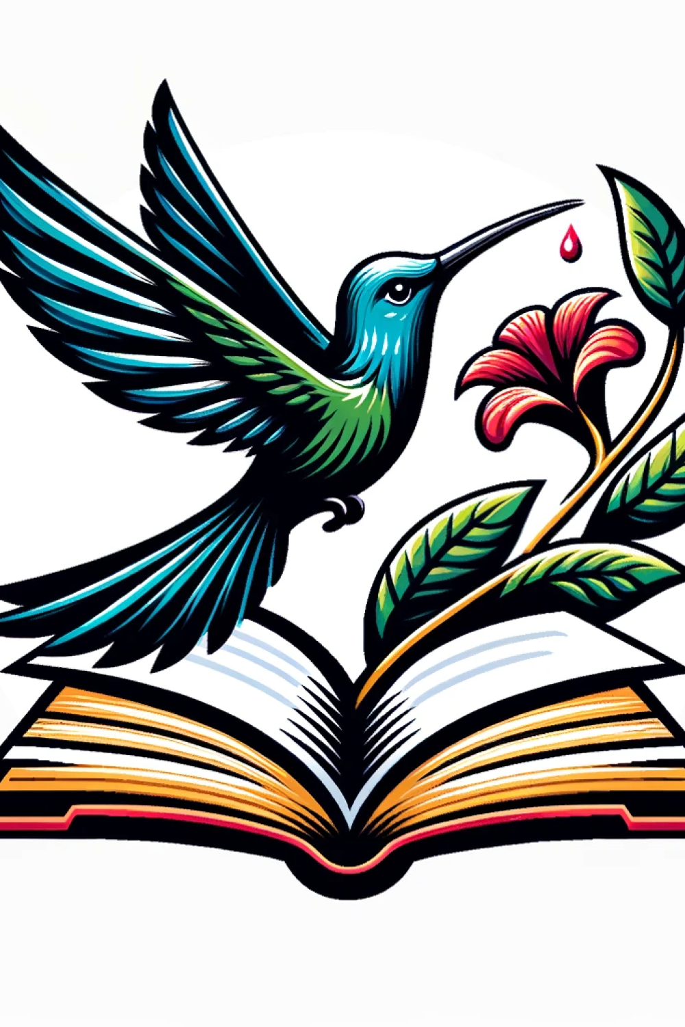 DALL·E 2023-12-02 10.01.39 - A Cuban hummingbird, known as a Zunzun, positioned in front of an open book. The hummingbird is beating its wings as if it were sipping nectar from a